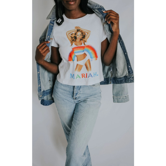 NEW Daydreamer Mariah Carey Rainbow Shrunken Tee Optic White Women's Size XS - Picture 8 of 13